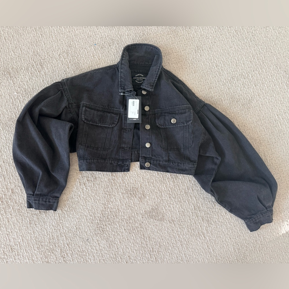 Fashion Nova Charcoal Gray Cropped Denim Jacket with Silver Buttons